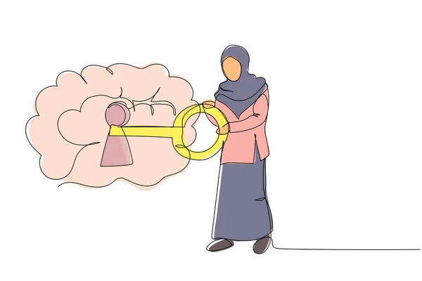 Single Continuous Line Drawing Arabian Businesswoman Put Key Brain Open — Stock Vector