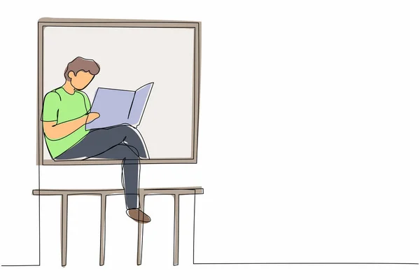 Tek Sıra Halinde Oturup Gazete Okuyan Gevşek Bir Adam Çiziyor — Stok Vektör