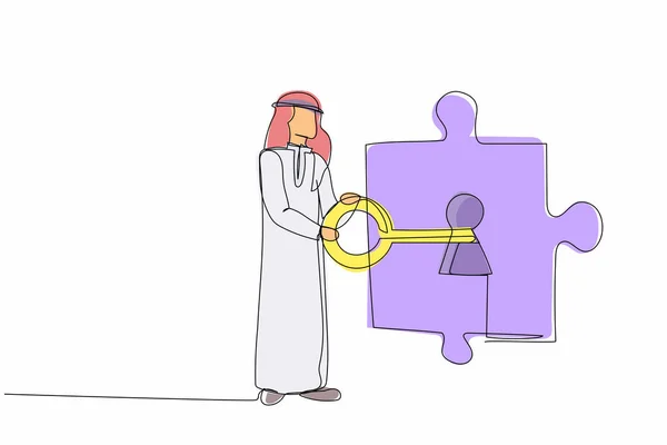 パズルピースに大きな鍵をかけるアラブのビジネスマンを描く一本の連続ライン 複雑なタスクを解決するチームワーク パートナーシップと協力の概念 1行のグラフィックデザインベクトルイラスト — ストックベクタ