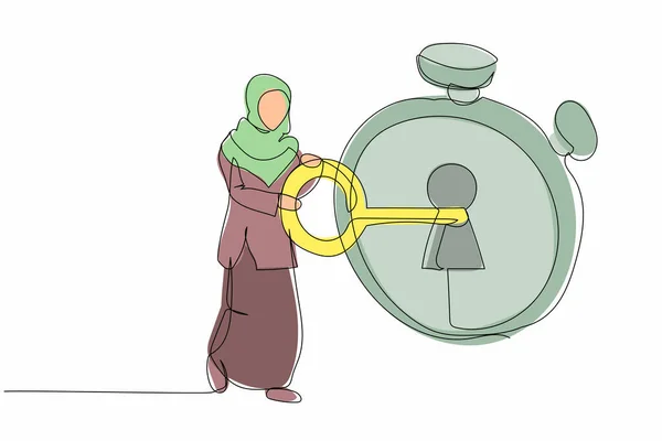 Arap Kadını Çizen Tek Satır Kronometreye Anahtar Koydu Son Teslim — Stok Vektör