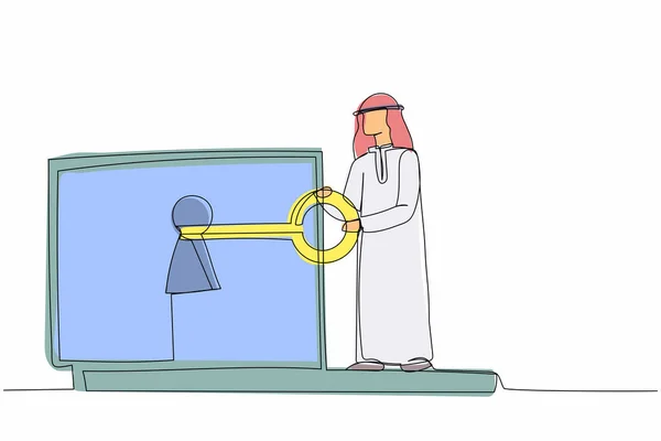 Una Sola Línea Dibujando Hombre Negocios Árabe Poniendo Llave Ordenador — Vector de stock