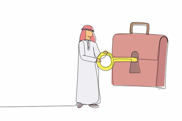 Una Línea Continua Dibujando Hombre Negocios Árabe Poniendo Llave Maletín — Vector de stock