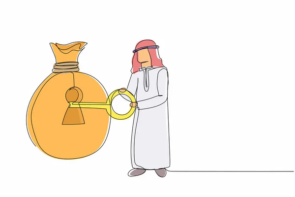 Una Línea Continua Dibujando Hombre Negocios Árabe Poniendo Llave Grande — Vector de stock