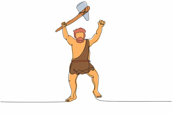 Одна Линия Изображающая Пещерного Человека Держащего Поднимающего Каменный Топор Над — стоковый вектор