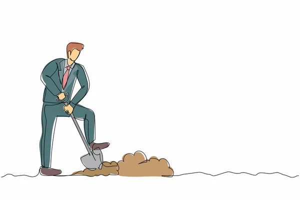 Single One Line Drawing Positive Businessman Digging Dirt Using Shovel — Stock Vector