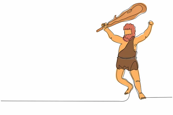 Непрерывная Линия Изображающая Пещерного Человека Держащего Поднимающего Над Головой Дубинку — стоковый вектор