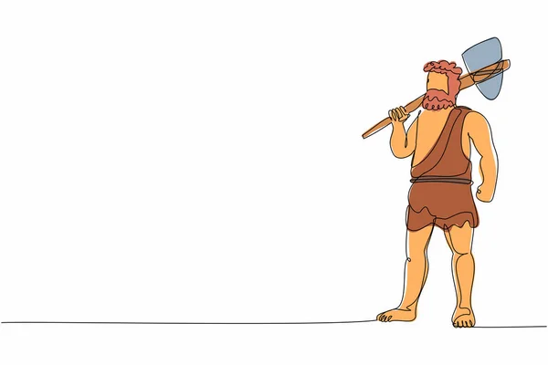 Непрерывная Линия Изображающая Доисторического Человека Каменным Топором Плечах Примитивный Охотник — стоковый вектор