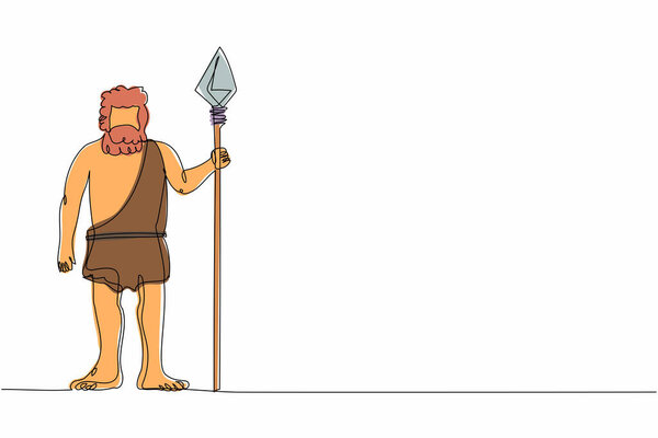 Непрерывная одна линия рисунок человека стоять с доисторическим копья старой пещере. Охота персонаж мужского примитивного возраста, дикая природа древних времен. Охотник каменного века. Рисунок вектора рисунка одной прямой