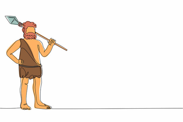 Одна линия рисует пещерного человека, держащего каменное копье на плечах. Первобытный человек охотится. Охотник каменного века. Доисторический человек охотится с каменным копьём. Графическая векторная иллюстрация