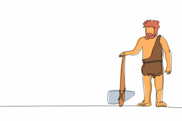 Single one line drawing caveman standing and holding stone axe. Prehistoric bearded man dressed in animal pelt. Neanderthal hunter. Ancient human. Continuous line design graphic vector illustration