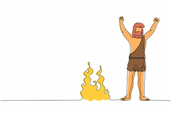 连续画一条线的穴居人站在篝火边举起双手 史前人类站在篝火边晚上给他的身体保暖 单行绘图设计矢量图形说明 — 图库矢量图片