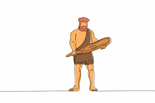 Συνεχής Μία Γραμμή Που Σχεδιάζει Αρχαίο Άνθρωπο Των Σπηλαίων Κρατώντας — Διανυσματικό Αρχείο