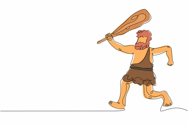 怒った穴居人を描く一本の連続線が走り 抱きしめ 先史時代の男ハンター 老人は抱卵して動物を追いかけている ダイナミックワンライングラフィックデザインベクトルイラスト — ストックベクタ