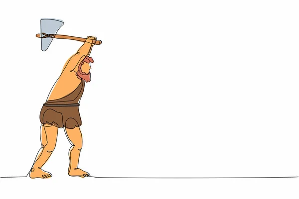Однорядковий Малюнок Доісторичної Людини Тримає Піднімає Кам Яні Сокири Кавеман — стоковий вектор