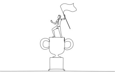 Devamlı tek sıra halinde genç işadamı dev kupanın üzerinde duruyor. İşletme başarısı için bayrak kaldırmak. Kariyer başarısı konsepti için kararlılık. Bir satır tasarımı illüstrasyonu