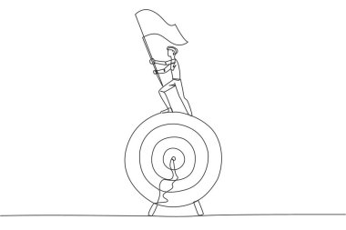 Devasa ok hedef tahtasının üzerinde duran genç işadamının tek sıra çizimi bayrak kaldırıyor. Hedeflere odaklan, sabırlı ol, akıllı iş yap, başarı elde edilecektir. Zafer. Bir satır tasarımı