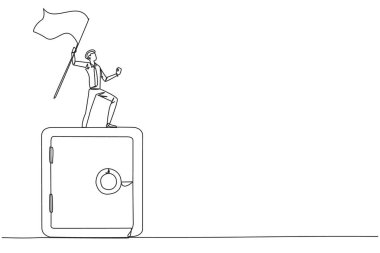 Devasa kiralık kasada bayrak kaldıran genç işadamının tek sıra çizimi. Belge işini güvenli bir yerde tutmanın önemi. Bir çizgi tasarımı vektör illüstrasyonu