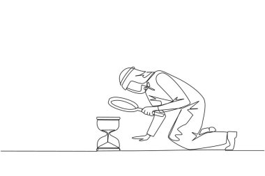 Arap iş adamının büyüteçle kum saatine baktığı tek sıra çizimi. İş adamının iş yapacak zamanı yok. Kötü zaman yönetimi. Bir çizgi vektör illüstrasyonu