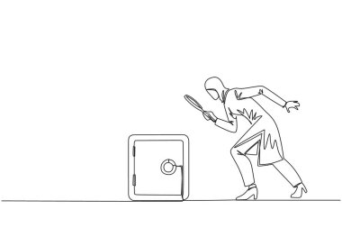 Arap iş kadınının elinde büyüteçle kiralık kasayı işaretlediği tek sıra çizimi. Önemli verileri saklamak için en iyi korunma yerini bulmak. Bir çizgi tasarım vektörü