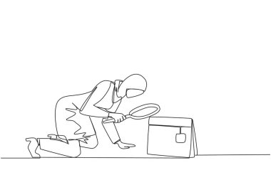 Arap iş kadını elinde büyüteçle masa takvimine bakarken çekilmiş tek bir çizim. O, yıl sonunda izin alıp tatil yapmak için planlar yaptı. Devamlı çizgi tasarımı grafiği