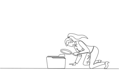 İş kadınının tek çizgi çizimi, dosya simgesini vurgulayan büyüteç şeklindedir. Daha güvenli bir yere taşınmak için eski dosyalara bakmak hala önemli. Devamlı çizgi tasarımı grafik çizimi