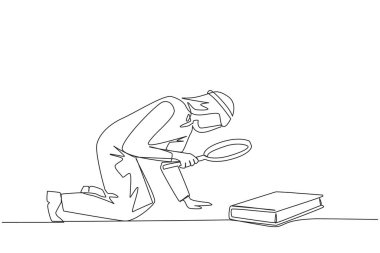 Arap iş adamının elinde büyüteçle kitaba baktığı tek sıra. Bilimsel bir çalışma kitabından bayilik verme hakkında bilgi arıyorum. Bir çizgi tasarımı vektör illüstrasyonu