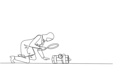 Dinamite büyüteç tutan Arap bir iş kadınının sürekli çizdiği tek bir çizginin saati var. Patlamadan kapatmaya çalışıyorum. İş için engelleri kaldırıyorum. Bir çizgi tasarım vektörü