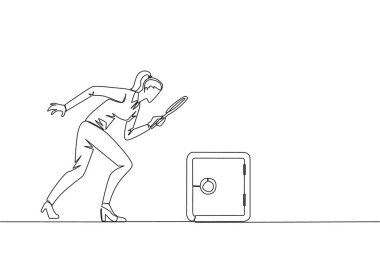 Elinde büyüteç olan iş kadınının sürekli çizdiği bir çizgi kiralık kasaya bakıyor. Önemli verileri saklamak için en iyi korunma yerini bulmak. Tek çizgi tasarım vektör çizimi