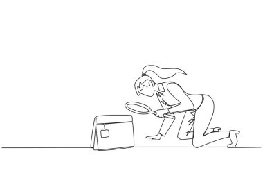 İş kadını elinde büyüteçle masa takvimine bakarken çekilmiş tek bir çizim. O, yıl sonunda izin alıp tatil yapmak için planlar yaptı. Aralıksız çizgi grafik çizimi