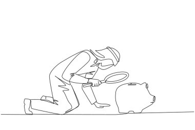 Tek sıra halinde, elinde büyüteç olan Arap işadamı domuz kumbarasına bakıyor. Durgun bir iş için domuz kumbarasından ek sermaye gerekir. Devamlı çizgi tasarımı grafik çizimi