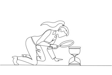 Tek sıra halinde elinde büyüteç olan iş kadını kum saatine bakıyor. İş kadınlarının iş yapacak zamanı yok. Kötü zaman yönetimi. Devamlı çizgi tasarımı grafik çizimi