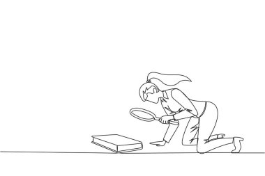 Elinde büyüteçle kitaba bakan bir iş kadını çizimi. Bilimsel bir çalışma kitabından bayilik verme hakkında bilgi arıyorum. Bir çizgi tasarımı vektör illüstrasyonu