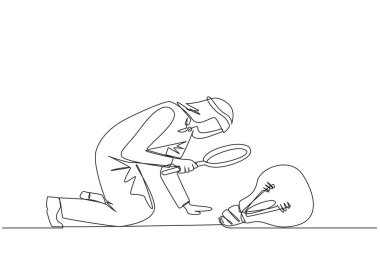 Arap iş adamının elinde büyüteçle ampule baktığı tek sıra. Denizaşırı ülkelerdeki işini genişletmek için parlak bir fikir gerektiriyor. Metafor. Bir çizgi tasarımı vektör illüstrasyonu