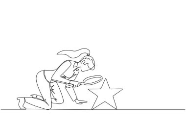 Devamlı çizen bir iş kadını elinde yıldızları aydınlatan büyüteç tutuyor. Yüksek yıldız, iş seviyesinin nihai hedefidir. Rüyalara ulaş. Tek çizgi çizimi tasarım vektör çizimi