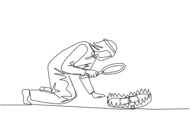 Tek sıra halinde bir Arap işadamı, hayvanın tuzağını incelemek için aşağı baktı ve ortada büyüteçle birlikte bir banknot vardı. Yozlaşmışlar için tuzaklar. Devamlı çizgi tasarımı illüstrasyonu