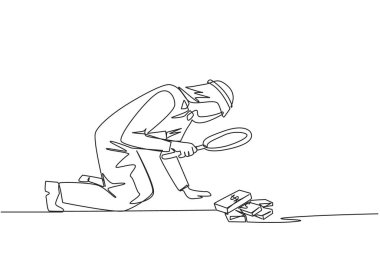 Arap işadamlarının çizdiği tek sıra, büyüteçlerle banknot yığınlarını incelemek için aşağıya baktı. Kuralları bilen bir iş adamı, ait olmayan şeyleri almaz. Bir çizgi vektör illüstrasyonu