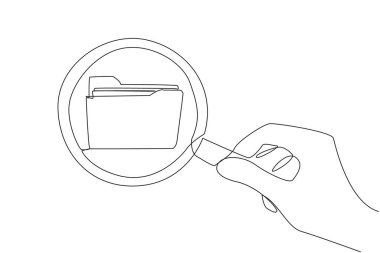 Büyüteç tutan büyük eli çizen tek sıra, klasör simgesini vurgular. - Keşif. Dosyanın içeriğini düzenlemek için. Dosya yönetimi. Bir çizgi tasarımı vektör illüstrasyonu