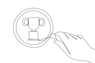 Tek bir çizgi, büyüteç tutan büyük bir el çiziyor ve ödül vurgulanıyor. Şampiyon olma hedefine ulaşmak için zumlayarak bakın. Kazandım. Devamlı çizgi tasarımı grafik çizimi