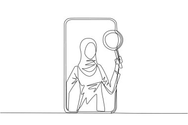 Arap iş kadınının tek sıra çizimi elinde büyüteçle akıllı telefon ekranından çıktı. Yurtdışında iş yapmak için akıllı telefonlarda internet teknolojisinden yararlanmak. Bir çizgi tasarım vektörü