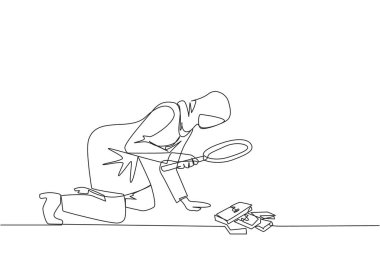 Arap iş kadınını çizen tek satır aşağı baktı ve banknot yığınlarını büyüteçle inceledi. Kuralları bilen bir iş kadını, ait olmayan şeyleri almaz. Devamlı çizgi tasarımı grafiği