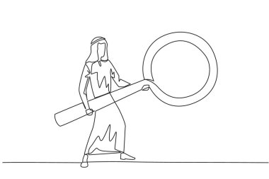 Tek sıra halinde duran Arap işadamı elinde dev bir büyüteç tutuyor. Bir gitariste benziyor, araştırıyor, analiz ediyor, gerekli tüm verileri buluyor. Bir çizgi tasarımı vektör illüstrasyonu