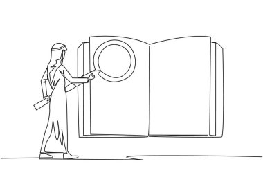 Arap işadamının aralıksız çizimleri elinde büyüteçle duruyordu ve büyük açık kitabı kontrol ediyordu. İş büyüsün diye geçerli bilgi ve veriler arıyoruz. Tek çizgi çizme tasarım vektörü