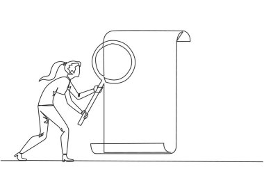 Bir satırda tek çizen iş kadını elinde büyüteçle ayakta duruyordu. Ürün uyumunu şirket iş standartlarına uygun olarak değerlendirir. Devamlı çizgi tasarımı grafiği