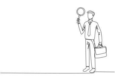 İş adamının sürekli çizdiği tek çizgi büyüteci sağ elinde tutarken sol elinde bir evrak çantası tutuyor. İşbirliği önerileri sunan bir iş adamı. Bir çizgi vektör illüstrasyonu