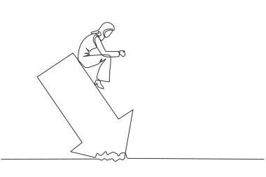 Süreksiz bir çizgi çizen Arap iş kadını zemine saplanmış bir ok üzerinde yatıyor. Borsadan gelen kayıplar. Ağır enflasyon. Tek çizgi çizme vektör illüstrasyonu