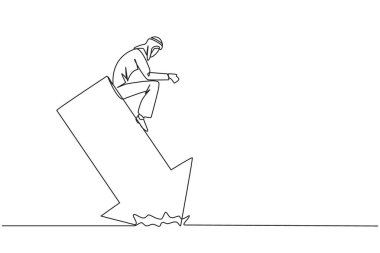 Arap tembel işadamının tek bir çizimi zemine saplanmış bir ok üzerinde yatıyor. Borsadan gelen kayıplar. Ağır enflasyon. Devamlı çizgi tasarımı grafik çizimi