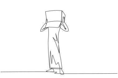 Arap işadamının sürekli çizdiği tek çizgi ayağa kalktı ve kafasını kartonla kapladı. Birkaç faturayı ödeyemediği için utanan bir iş adamı. Bir çizgi tasarımı vektör illüstrasyonu