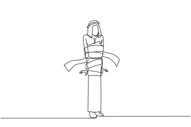 Genç Arap işadamının tek sıra çizimi durdu ve cesedi fatura kağıdıyla sarıldı. Borç batağındaki işletmeler. İflas etti. İş başarısızlığı. Bir çizgi tasarımı vektör illüstrasyonu