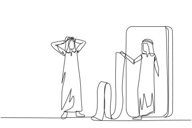 Tek sıra halinde, elinde uzun bir banknot tutarak büyük akıllı telefondan inen Arap işadamının başını tutuyor. İş ortaklarından gelen fatura sayısına şaşırdım. Tek çizgi vektörü