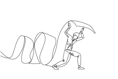 Tek sıra halinde çizilen bir işadamı çizimi, omuzları yere sarkmış uzun bir fatura kağıdı tutuyordu. İdare et ve faturaları ödemeye devam et ki işler yürümeye devam etsin. Devamlı çizgi tasarımı